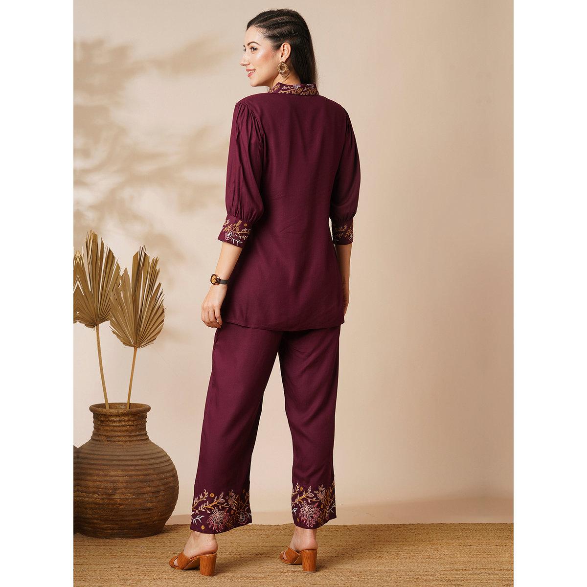 Globus X Styli Burgundy Embroidered Shirt and Pants Fusion Co-Ords-women-clothing-coordsets-image-3