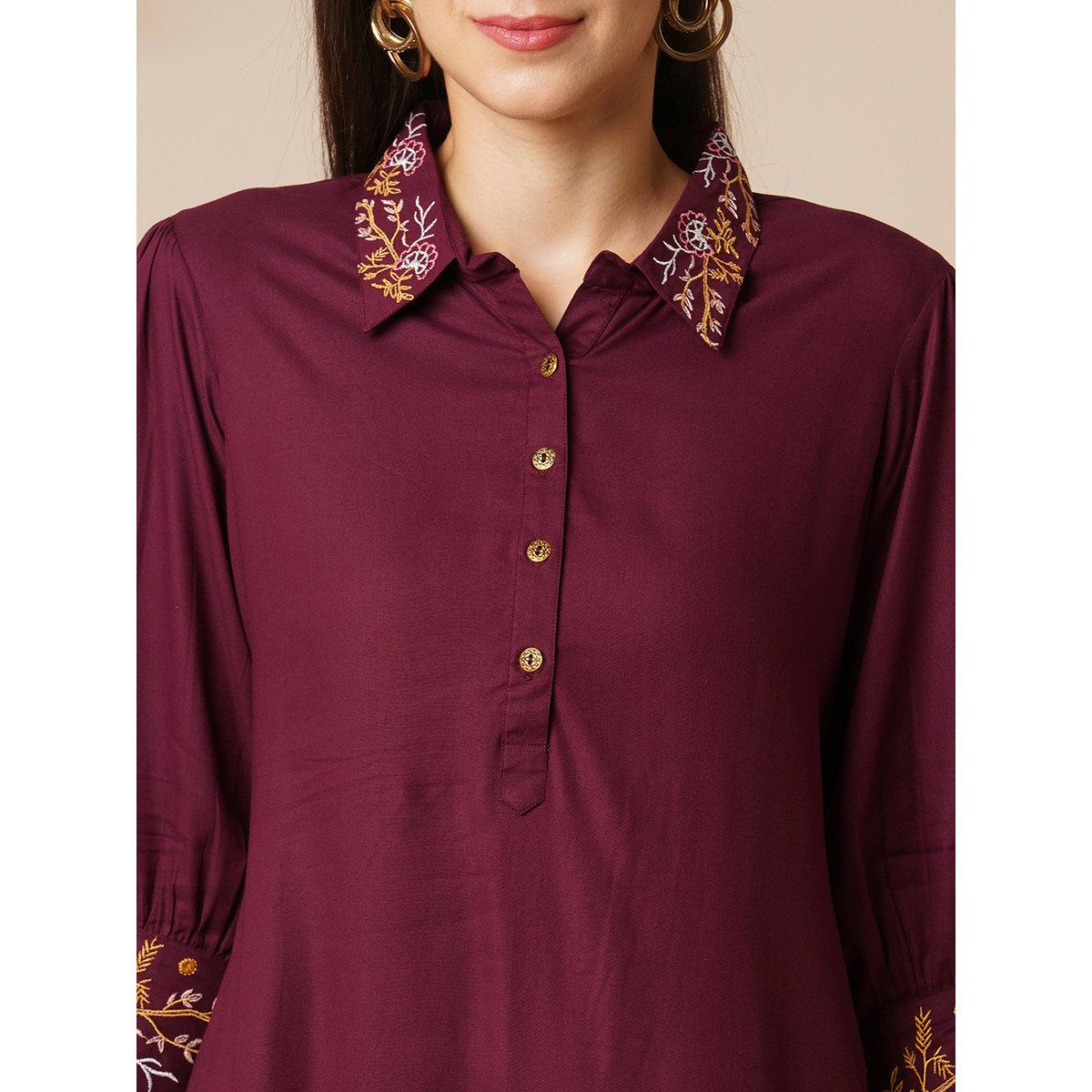 Globus X Styli Burgundy Embroidered Shirt and Pants Fusion Co-Ords-women-clothing-coordsets-image-4
