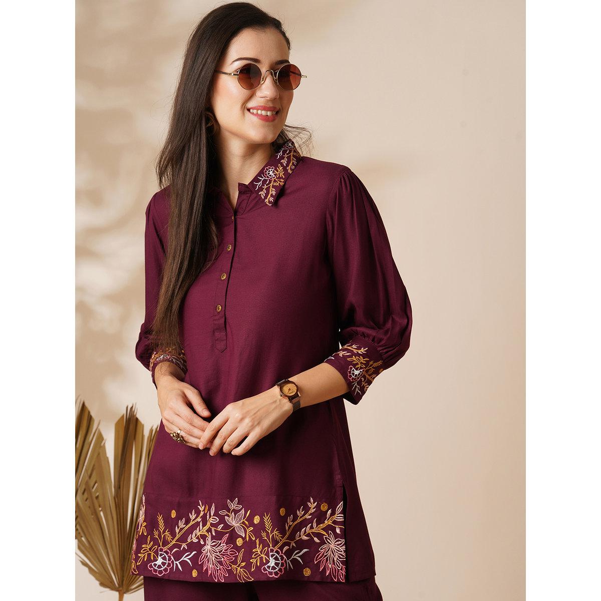 Globus X Styli Burgundy Embroidered Shirt and Pants Fusion Co-Ords-women-clothing-coordsets-image-6