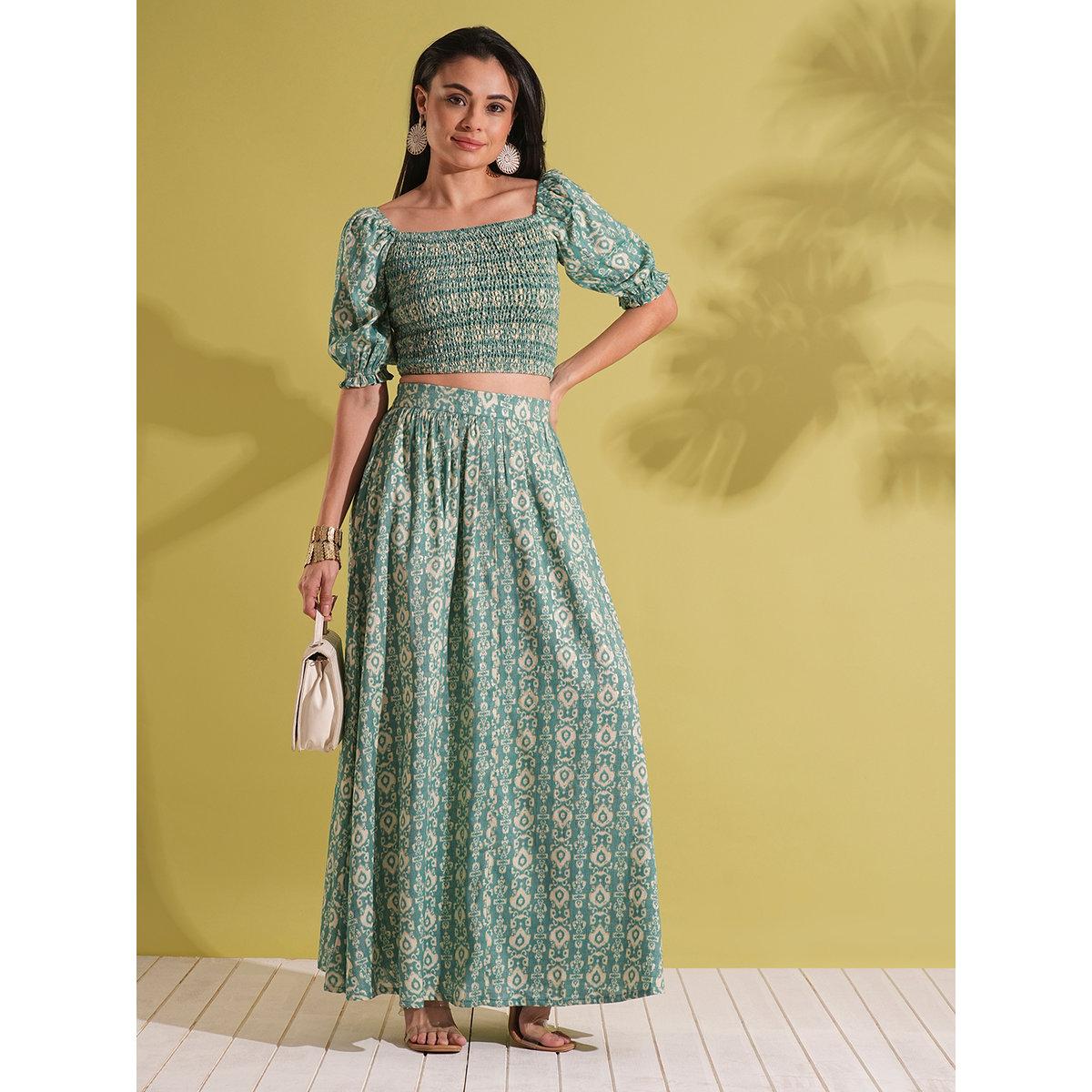 Globus X Styli Green Smocked Crop Top and Maxi Skirt Fusion Co-Ords-women-clothing-coordsets-image-1