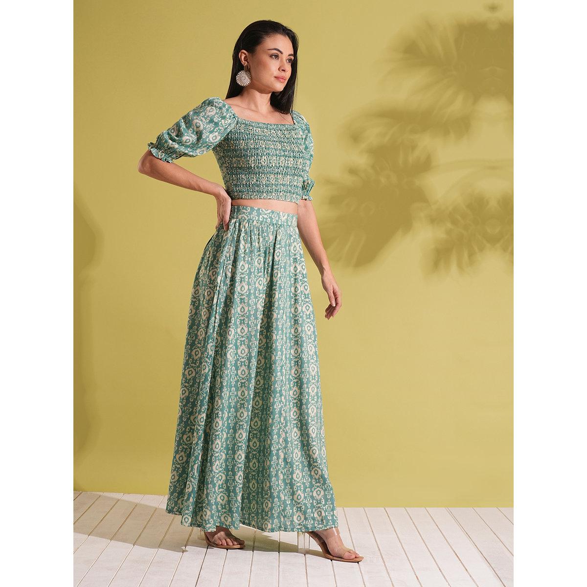 Globus X Styli Green Smocked Crop Top and Maxi Skirt Fusion Co-Ords-women-clothing-coordsets-image-2