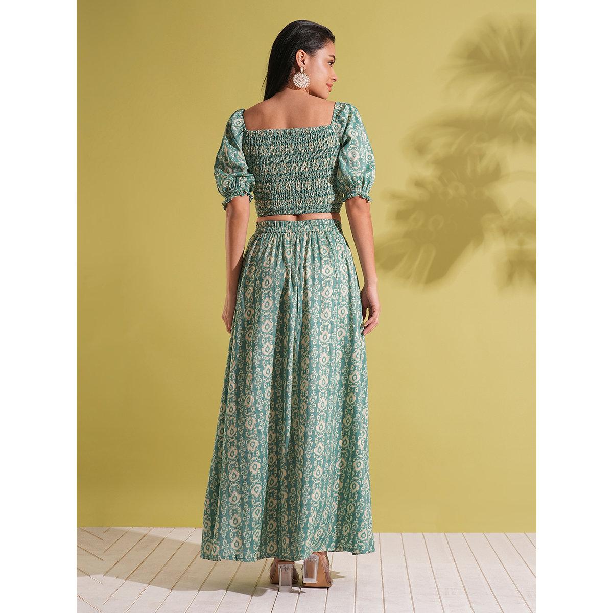 Globus X Styli Green Smocked Crop Top and Maxi Skirt Fusion Co-Ords-women-clothing-coordsets-image-3