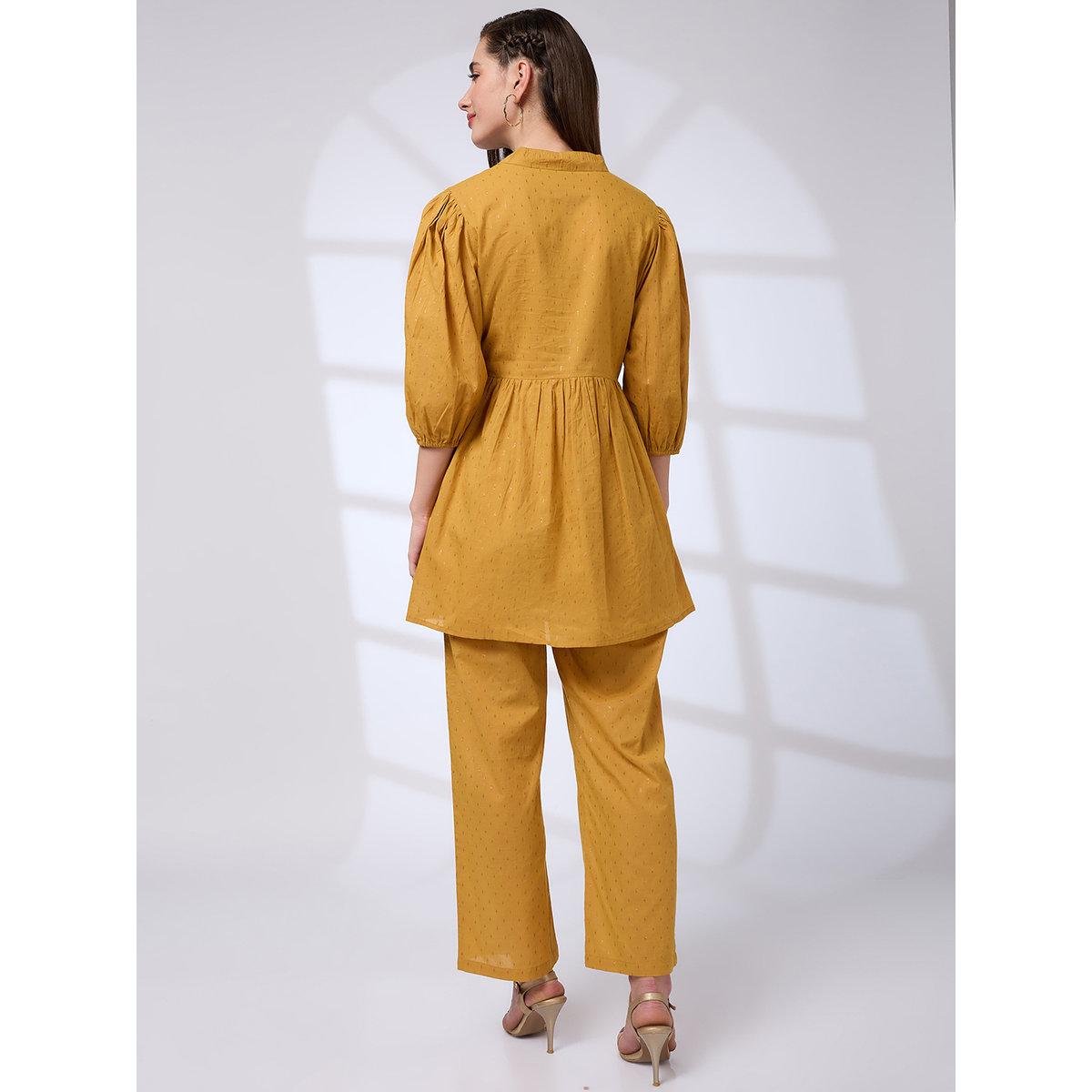 Globus X Styli Yellow Lurex Detail Pattern Tunic and Pants Workwear Co-Ords-women-clothing-coordsets-image-3