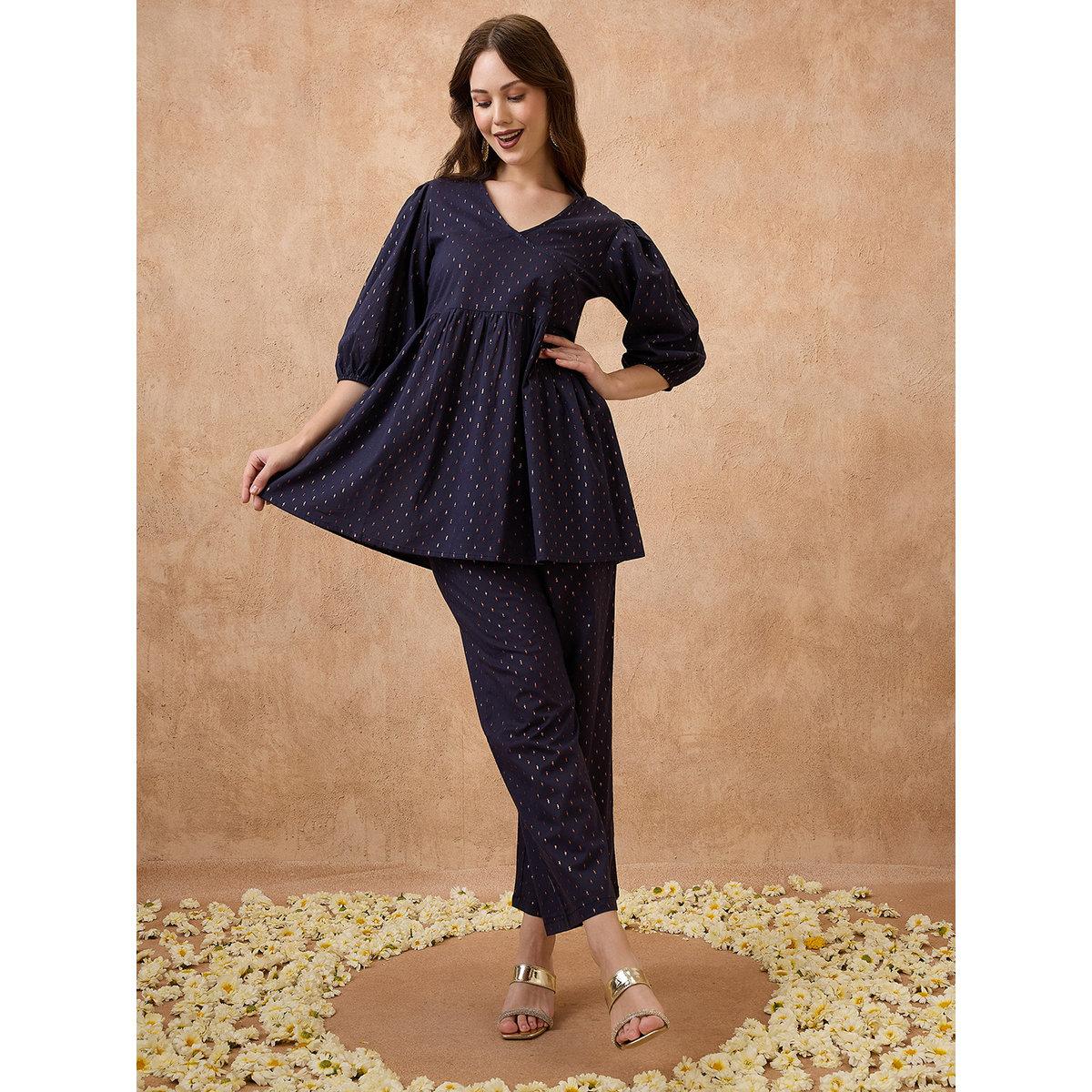 Globus X Styli Navy Bishop Sleeve Tunic and Pants Festive Co-Ords-women-clothing-coordsets-image-1