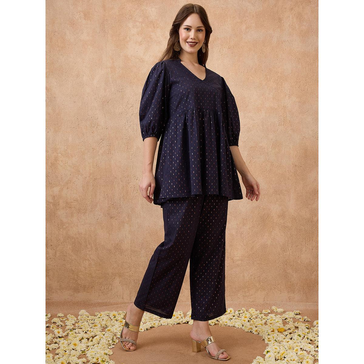 Globus X Styli Navy Bishop Sleeve Tunic and Pants Festive Co-Ords-women-clothing-coordsets-image-2