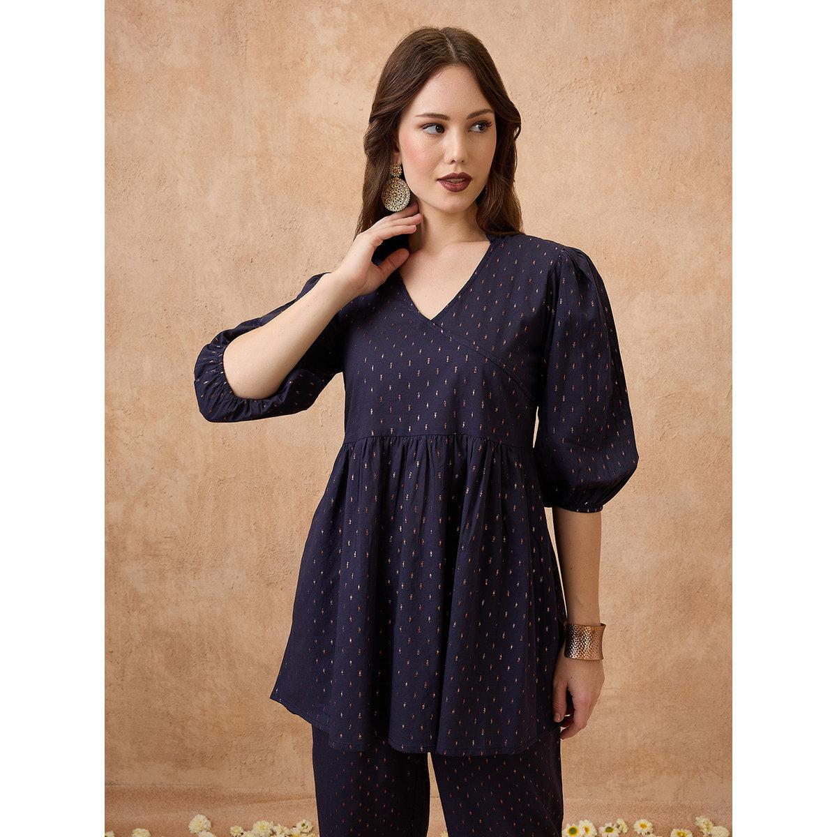 Globus X Styli Navy Bishop Sleeve Tunic and Pants Festive Co-Ords-women-clothing-coordsets-image-6
