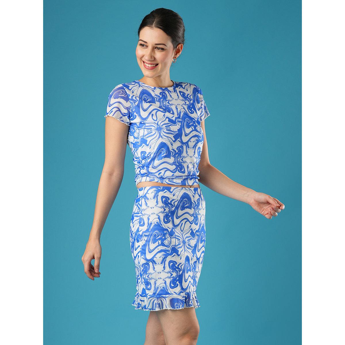 Globus X Styli Blue Printed Side Ruched Top and Skirt Co-Ords-women-clothing-coordsets-image-2