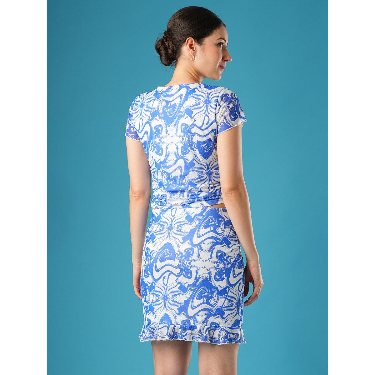 Globus X Styli Blue Printed Side Ruched Top and Skirt Co-Ords-women-clothing-coordsets-image-3