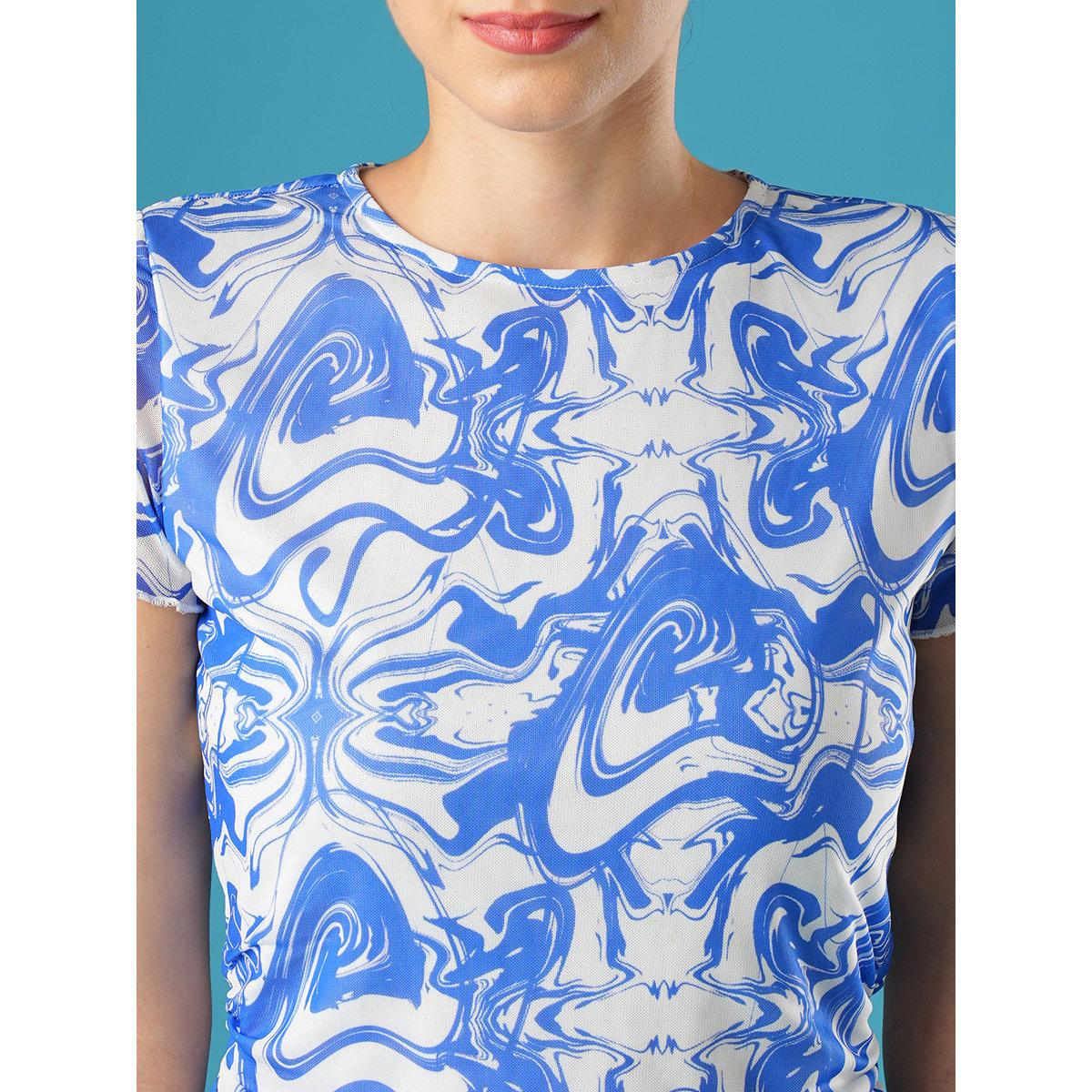 Globus X Styli Blue Printed Side Ruched Top and Skirt Co-Ords-women-clothing-coordsets-image-4