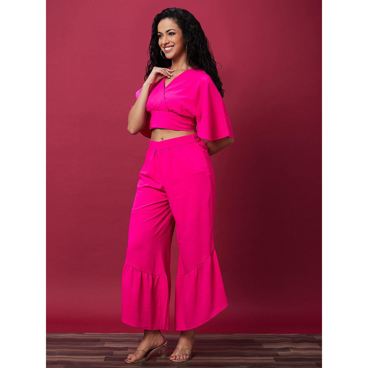 Globus X Styli Pink Solid Wrap Top and Flared Palazzo Co-Ords-women-clothing-coordsets-image-2