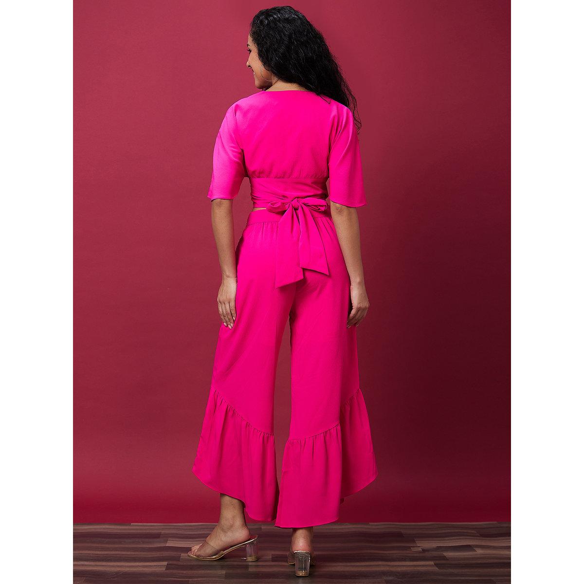 طقم منسق من بنطال بالازة وبلوزة سادة-women-clothing-coordsets-image-3