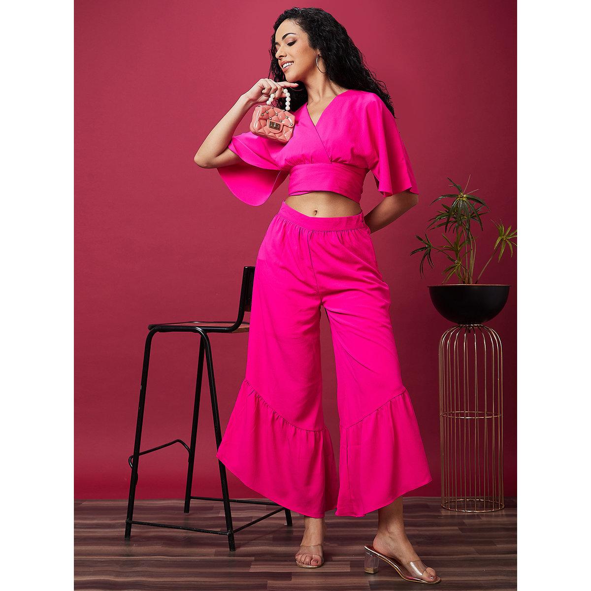 طقم منسق من بنطال بالازة وبلوزة سادة-women-clothing-coordsets-image-6