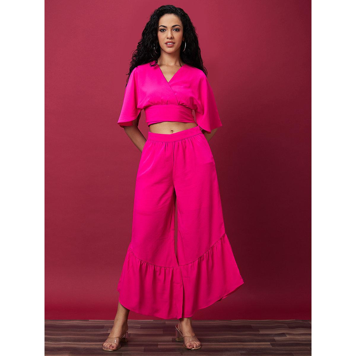 Globus X Styli Pink Solid Wrap Top and Flared Palazzo Co-Ords-women-clothing-coordsets-image-8