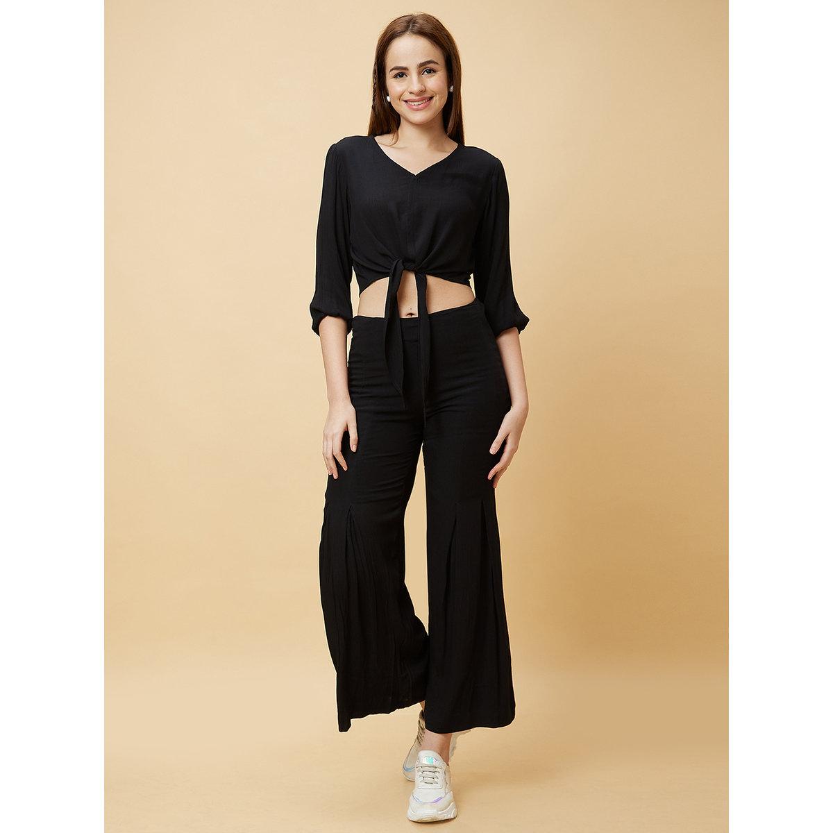 Globus X Styli Black Casual Crop Top and Flared Pants Co-Ords-women-clothing-coordsets-image-2