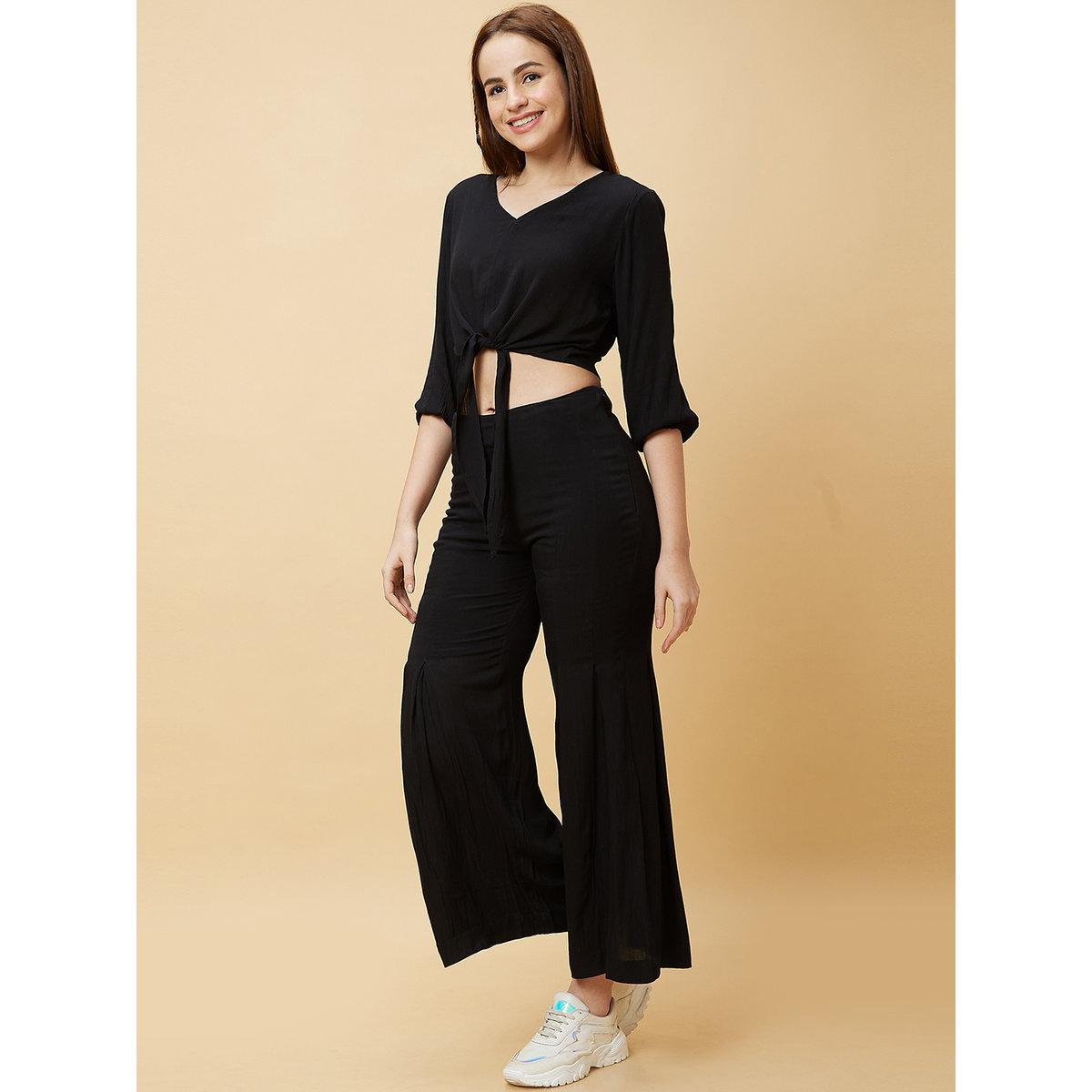 Globus X Styli Black Casual Crop Top and Flared Pants Co-Ords-women-clothing-coordsets-image-3