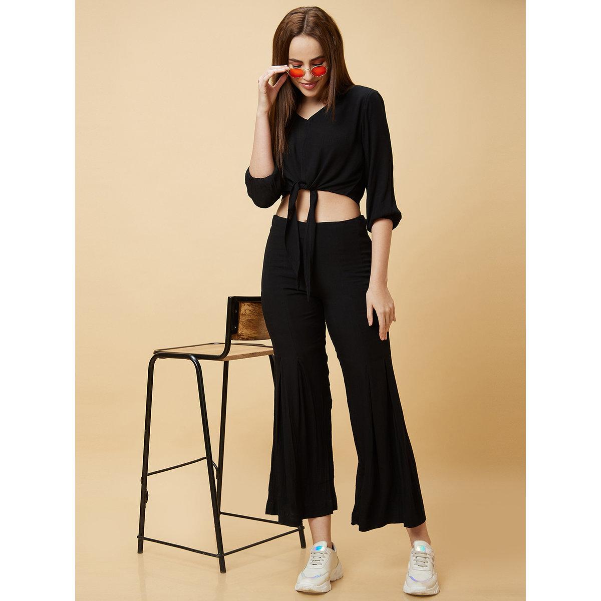 Globus X Styli Black Casual Crop Top and Flared Pants Co-Ords-women-clothing-coordsets-image-7