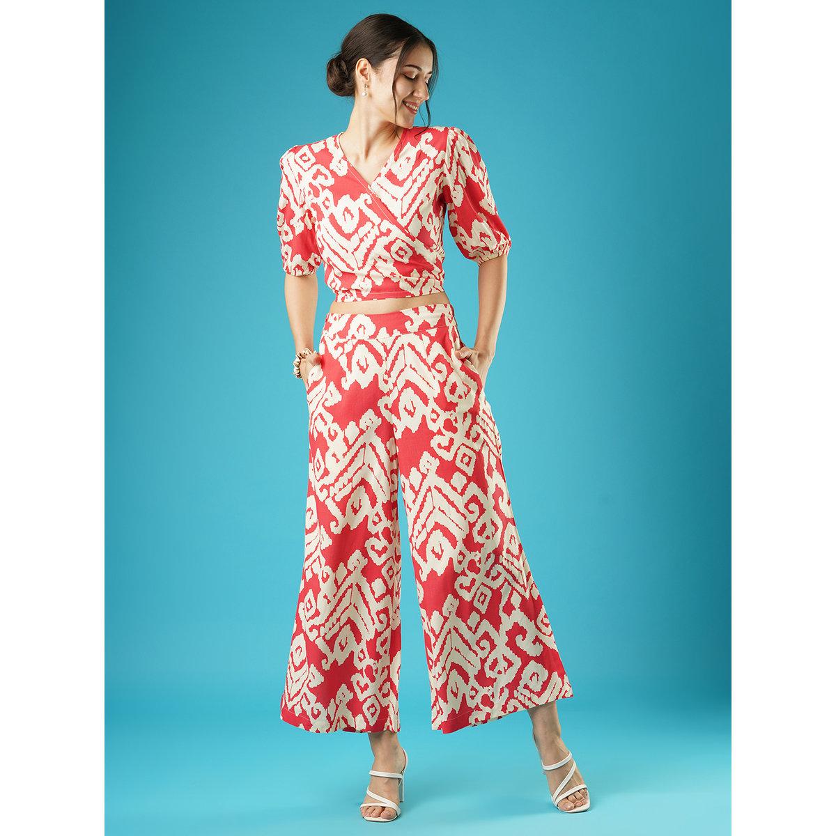 Globus X Styli Red Abstract Print Wrap Top and Palazzos Co-Ords-women-clothing-coordsets-image-1