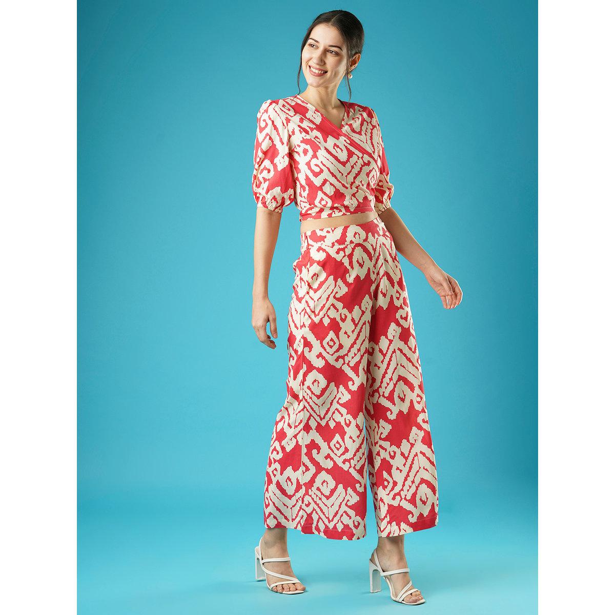 Globus X Styli Red Abstract Print Wrap Top and Palazzos Co-Ords-women-clothing-coordsets-image-2