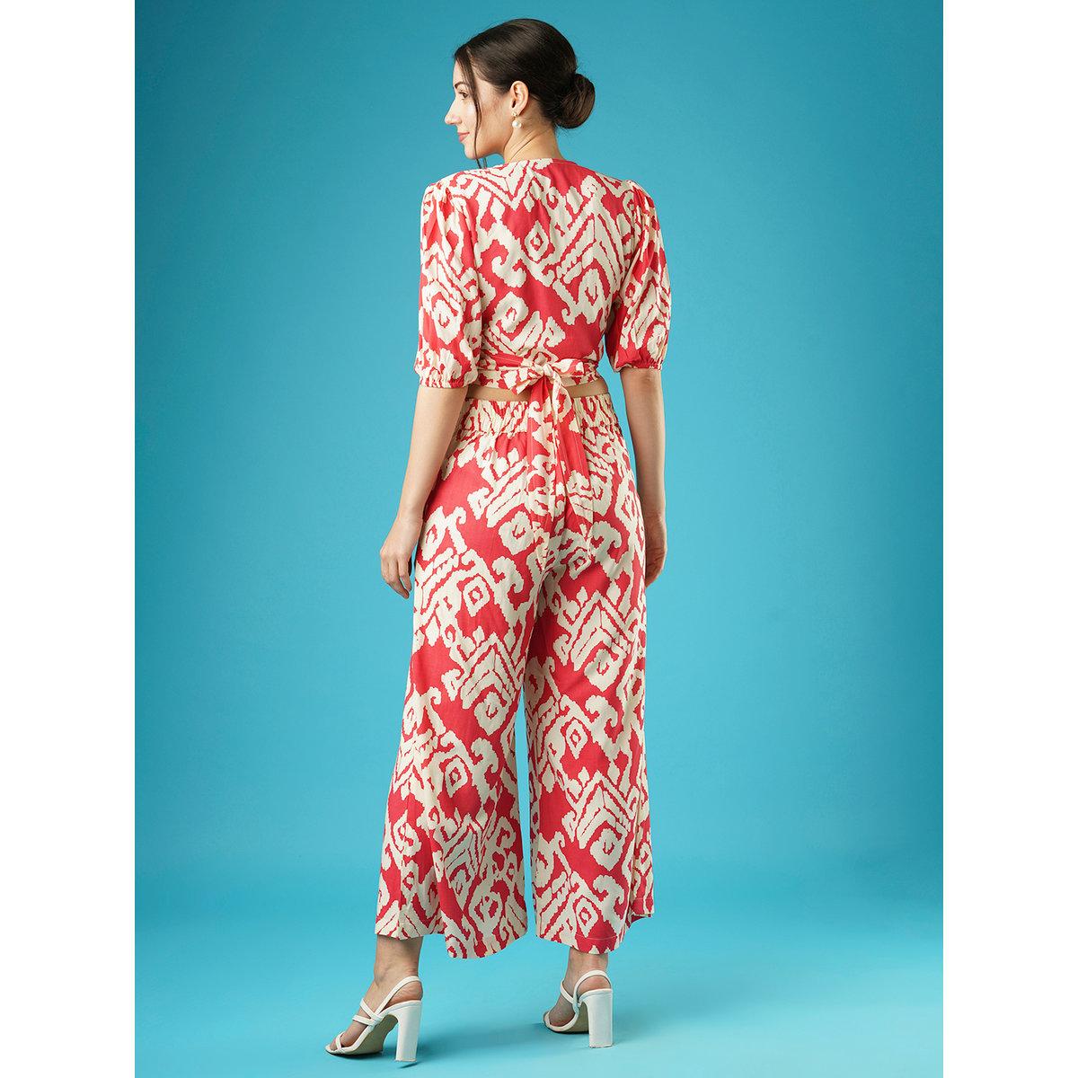 Globus X Styli Red Abstract Print Wrap Top and Palazzos Co-Ords-women-clothing-coordsets-image-3