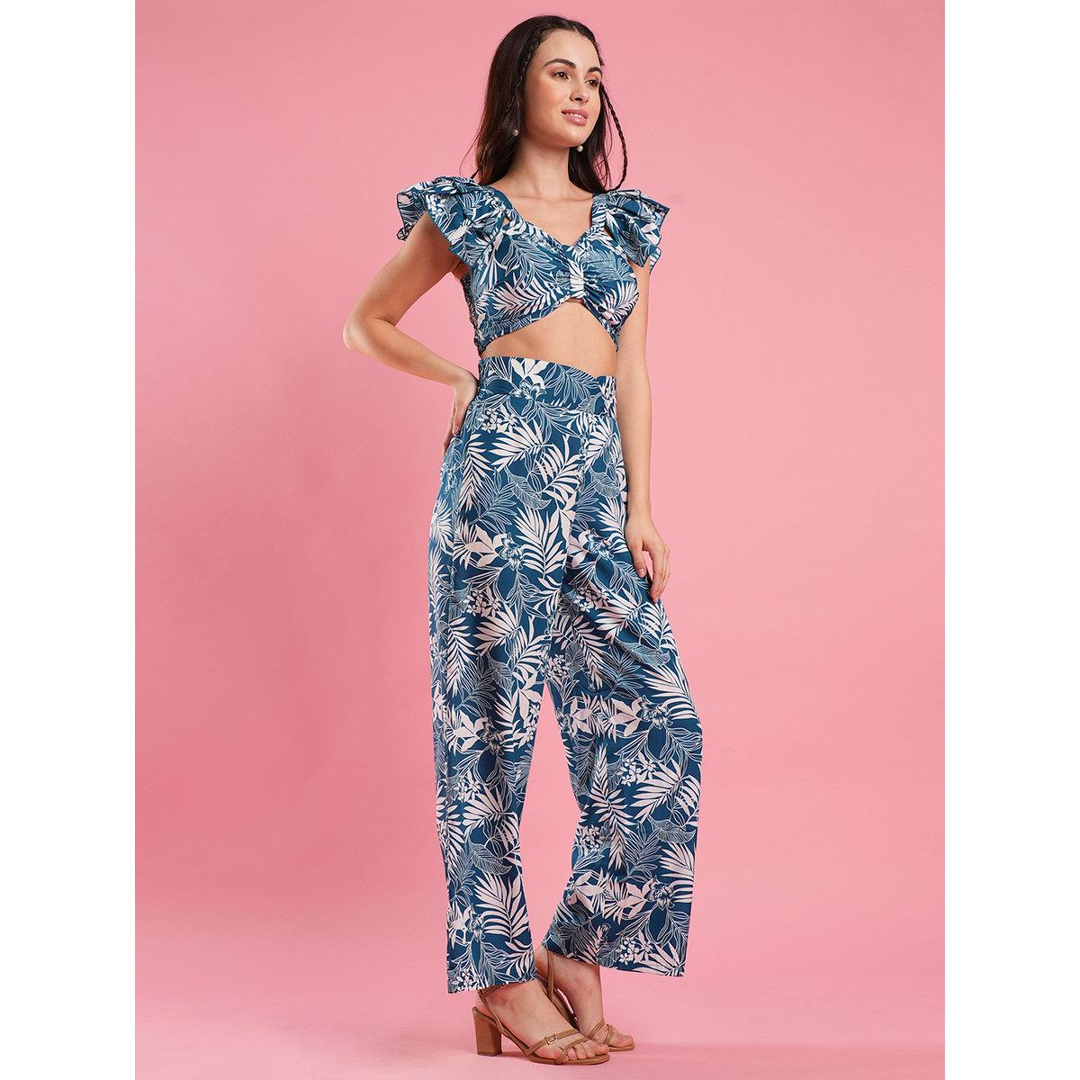 Globus X Styli Blue Tropical Print Crop Top and Trouser Co-Ords-women-clothing-coordsets-image-2