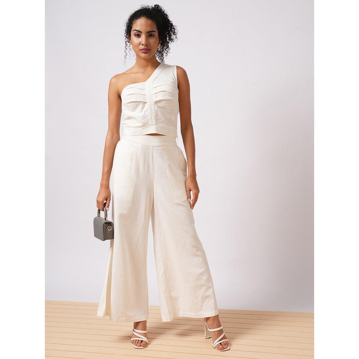 Globus X Styli White One Shoulder Crop Top and Trousers Co-Ords-women-clothing-coordsets-image-1