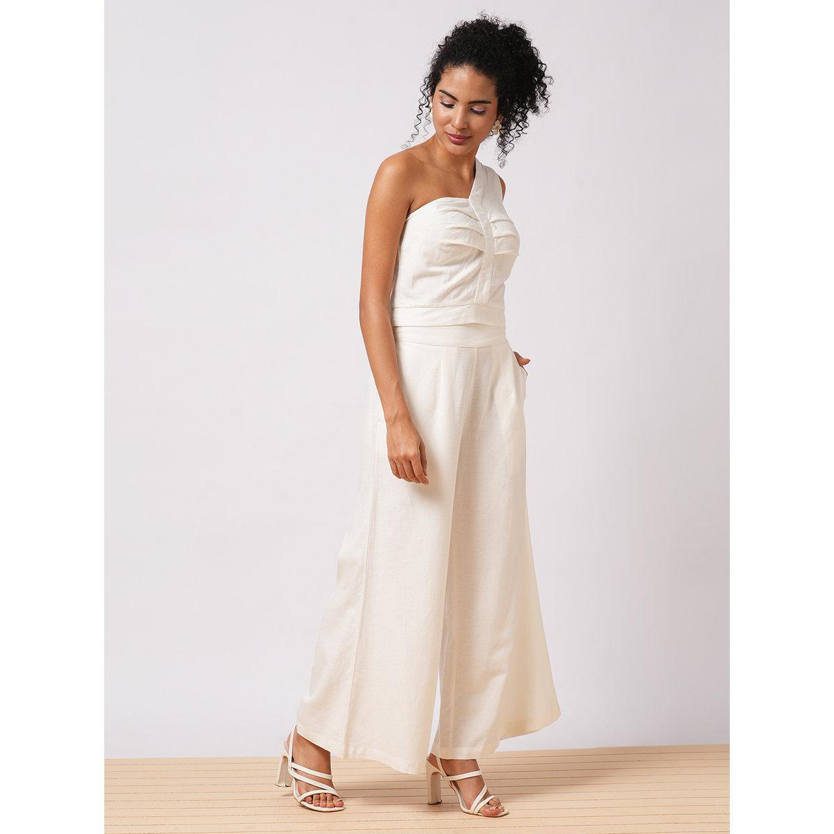 Globus X Styli White One Shoulder Crop Top and Trousers Co-Ords-women-clothing-coordsets-image-2