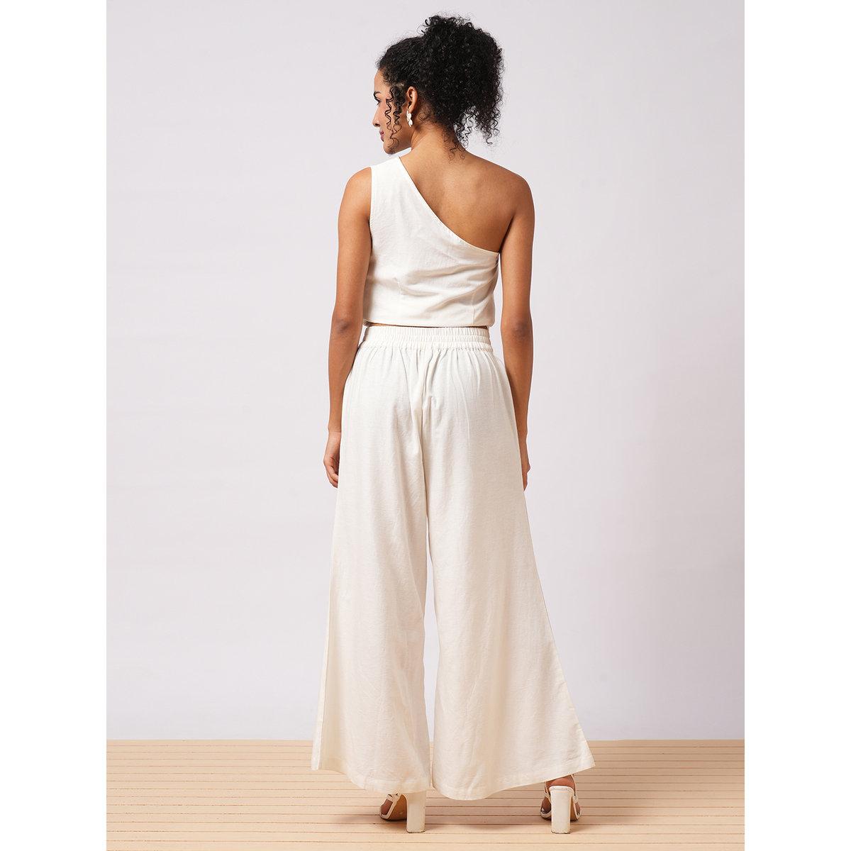 Globus X Styli White One Shoulder Crop Top and Trousers Co-Ords-women-clothing-coordsets-image-3
