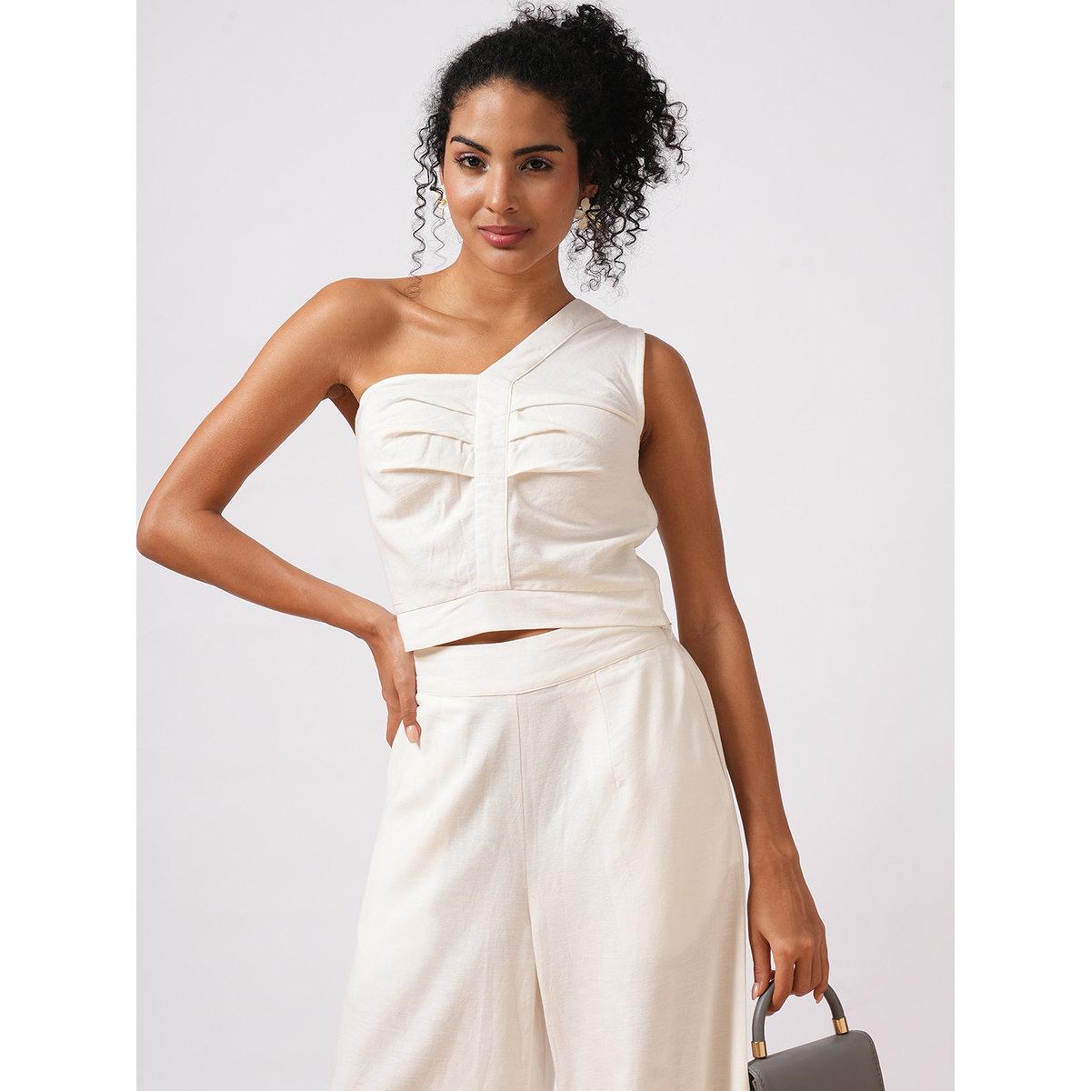 Globus X Styli White One Shoulder Crop Top and Trousers Co-Ords-women-clothing-coordsets-image-6