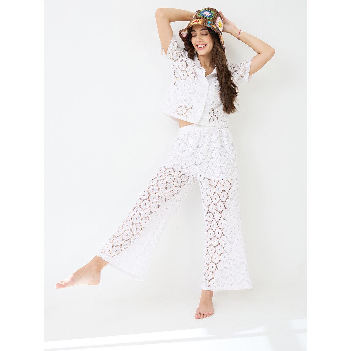 Globus X Styli White  Crochet Shirt and Wide Leg Trousers Co-Ords-women-clothing-coordsets-image-1