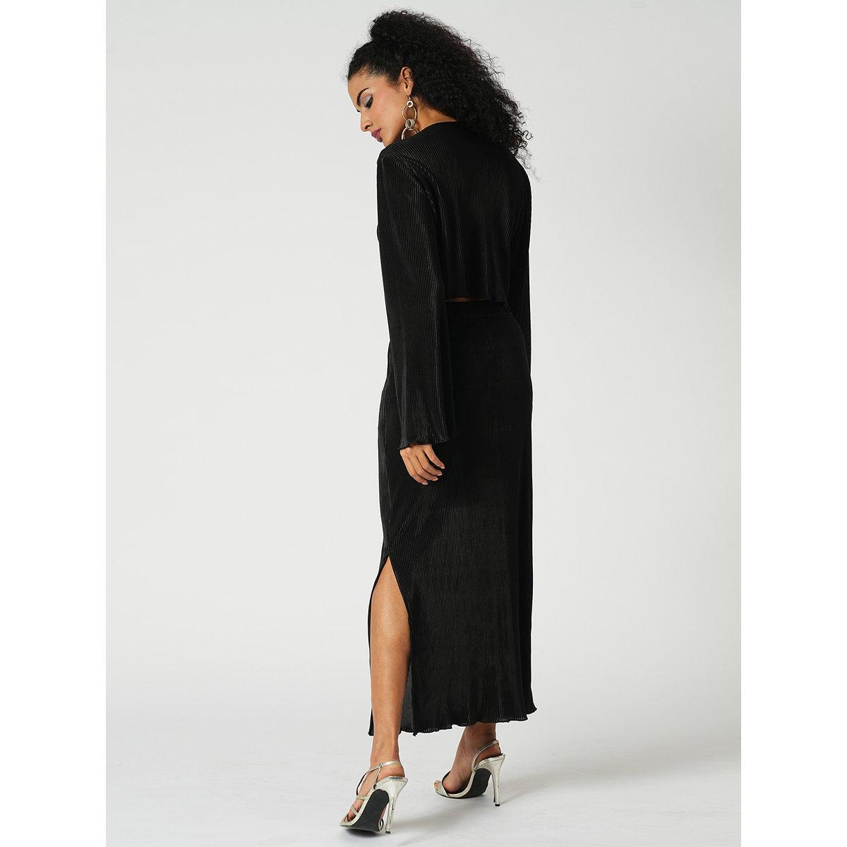 Globus X Styli Black Accordion Pleats Crop Top and Skirt Co-Ords-women-clothing-coordsets-image-3