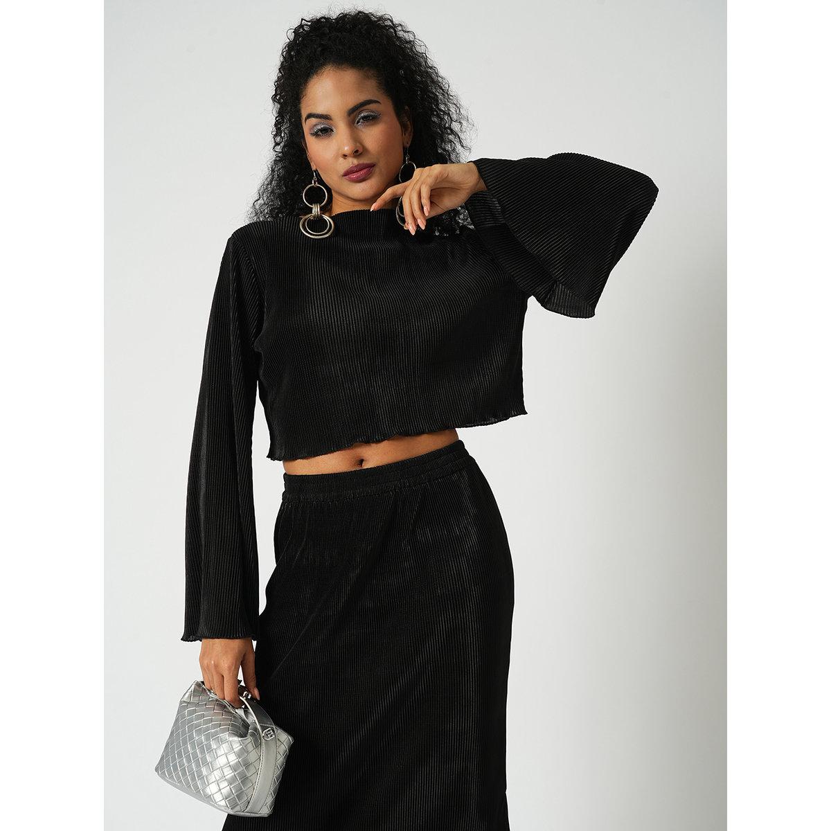 Globus X Styli Black Accordion Pleats Crop Top and Skirt Co-Ords-women-clothing-coordsets-image-5