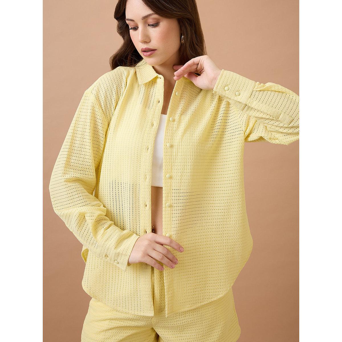 Globus X Styli Yellow Crochet Knit Shirt and Shorts Co-Ords-women-clothing-coordsets-image-1