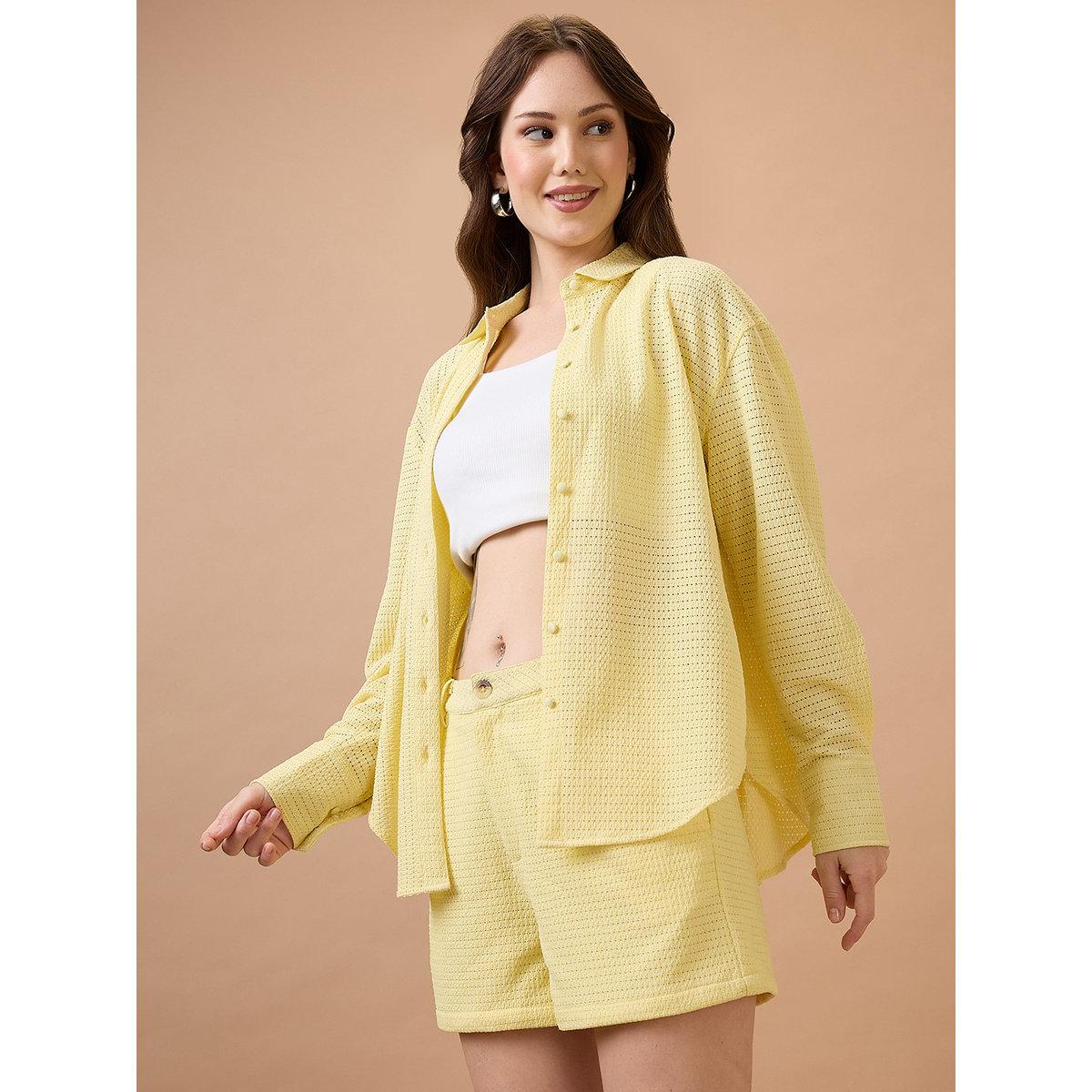Globus X Styli Yellow Crochet Knit Shirt and Shorts Co-Ords-women-clothing-coordsets-image-2