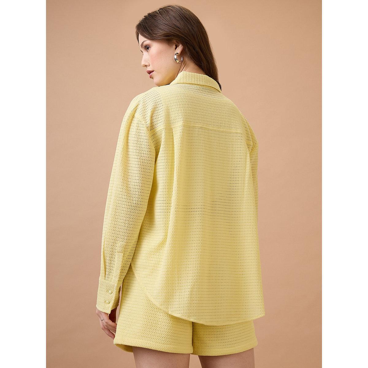Globus X Styli Yellow Crochet Knit Shirt and Shorts Co-Ords-women-clothing-coordsets-image-3