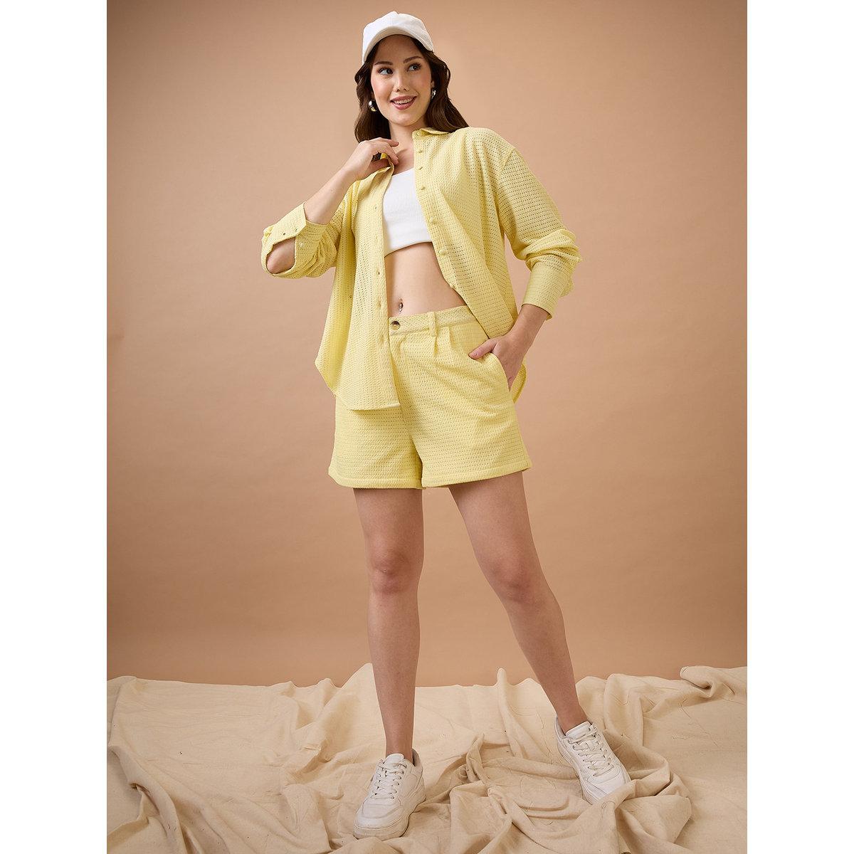 Globus X Styli Yellow Crochet Knit Shirt and Shorts Co-Ords-women-clothing-coordsets-image-6