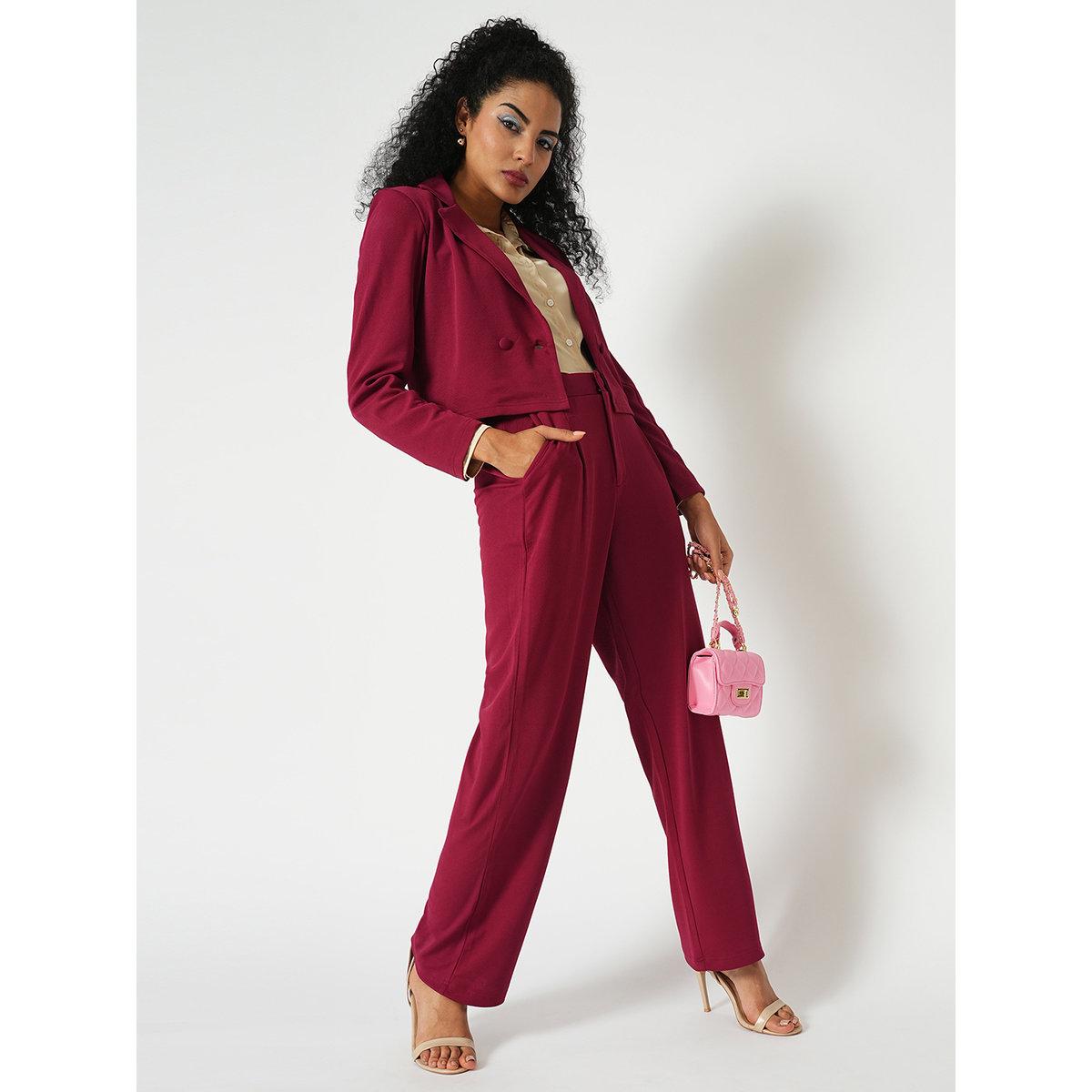 Globus X Styli Maroon Stretchable Crop Blazer and Trousers Workwear Co-Ords-women-clothing-coordsets-image-1