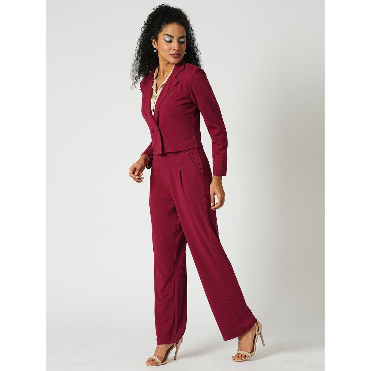 Globus X Styli Maroon Stretchable Crop Blazer and Trousers Workwear Co-Ords-women-clothing-coordsets-image-2
