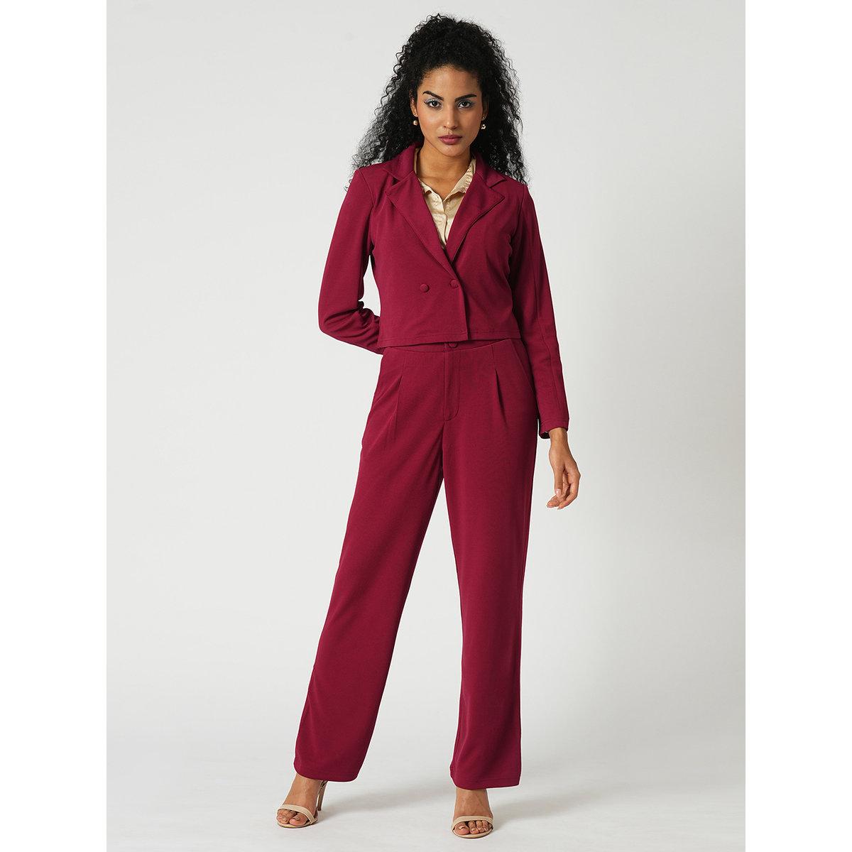 Globus X Styli Maroon Stretchable Crop Blazer and Trousers Workwear Co-Ords-women-clothing-coordsets-image-6