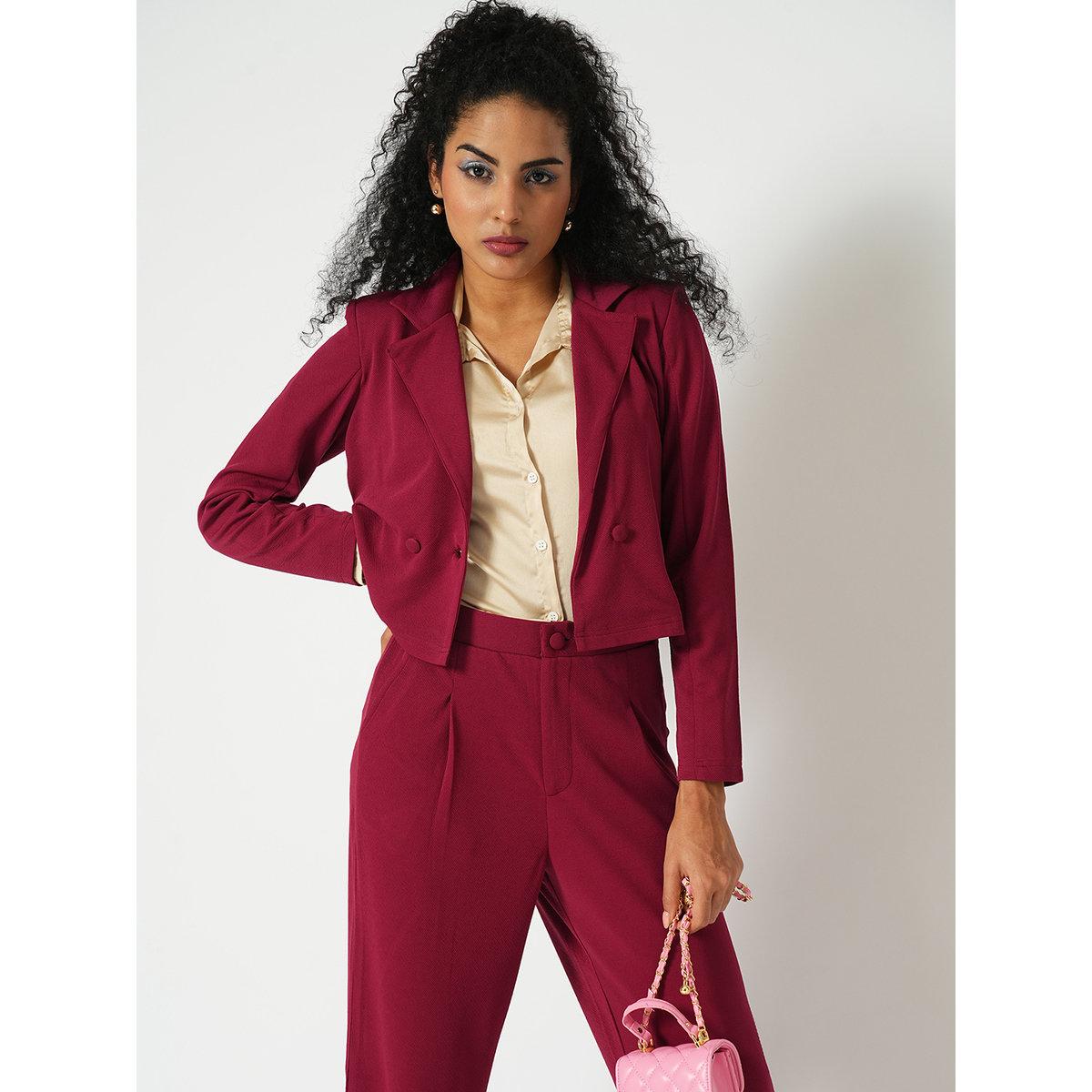 Globus X Styli Maroon Stretchable Crop Blazer and Trousers Workwear Co-Ords-women-clothing-coordsets-image-7