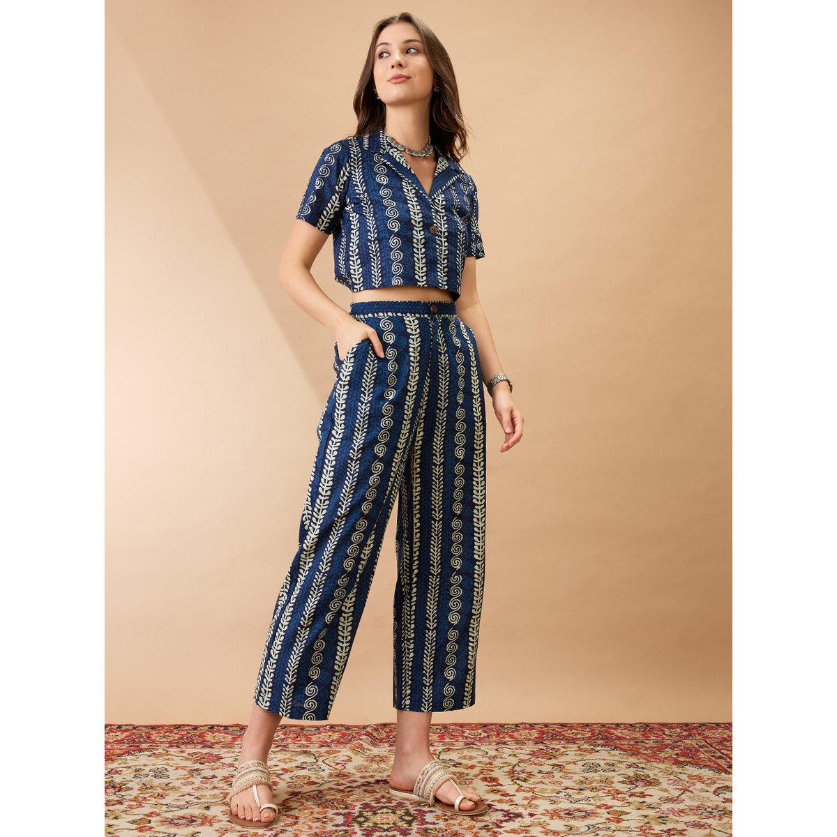 Globus X Styli Blue Ethnic Print Crop Shirt and Pants Co-Ords-women-clothing-coordsets-image-1