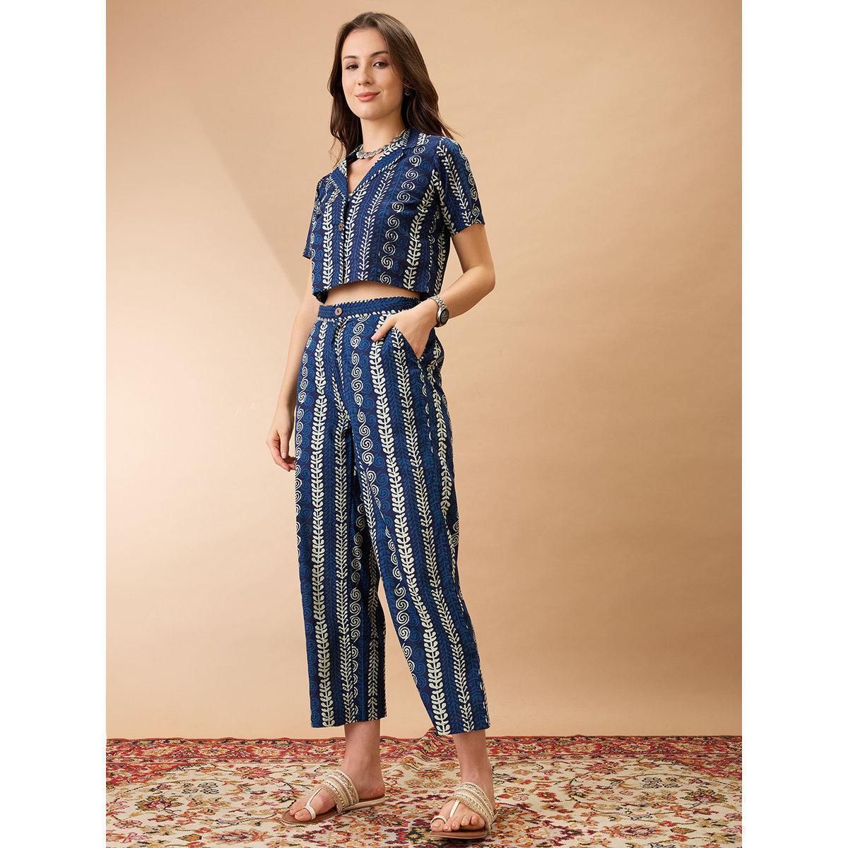 Globus X Styli Blue Ethnic Print Crop Shirt and Pants Co-Ords-women-clothing-coordsets-image-2