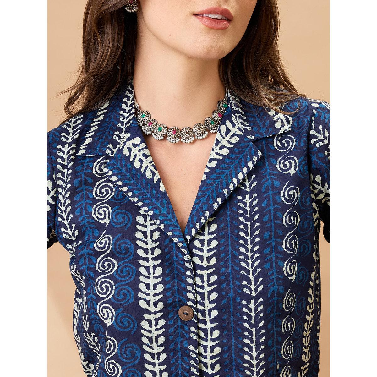 Globus X Styli Blue Ethnic Print Crop Shirt and Pants Co-Ords-women-clothing-coordsets-image-4
