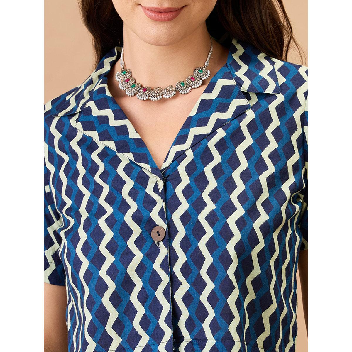 Globus X Styli Blue Chevron Print Crop Shirt and Pants Co-Ords-women-clothing-coordsets-image-4