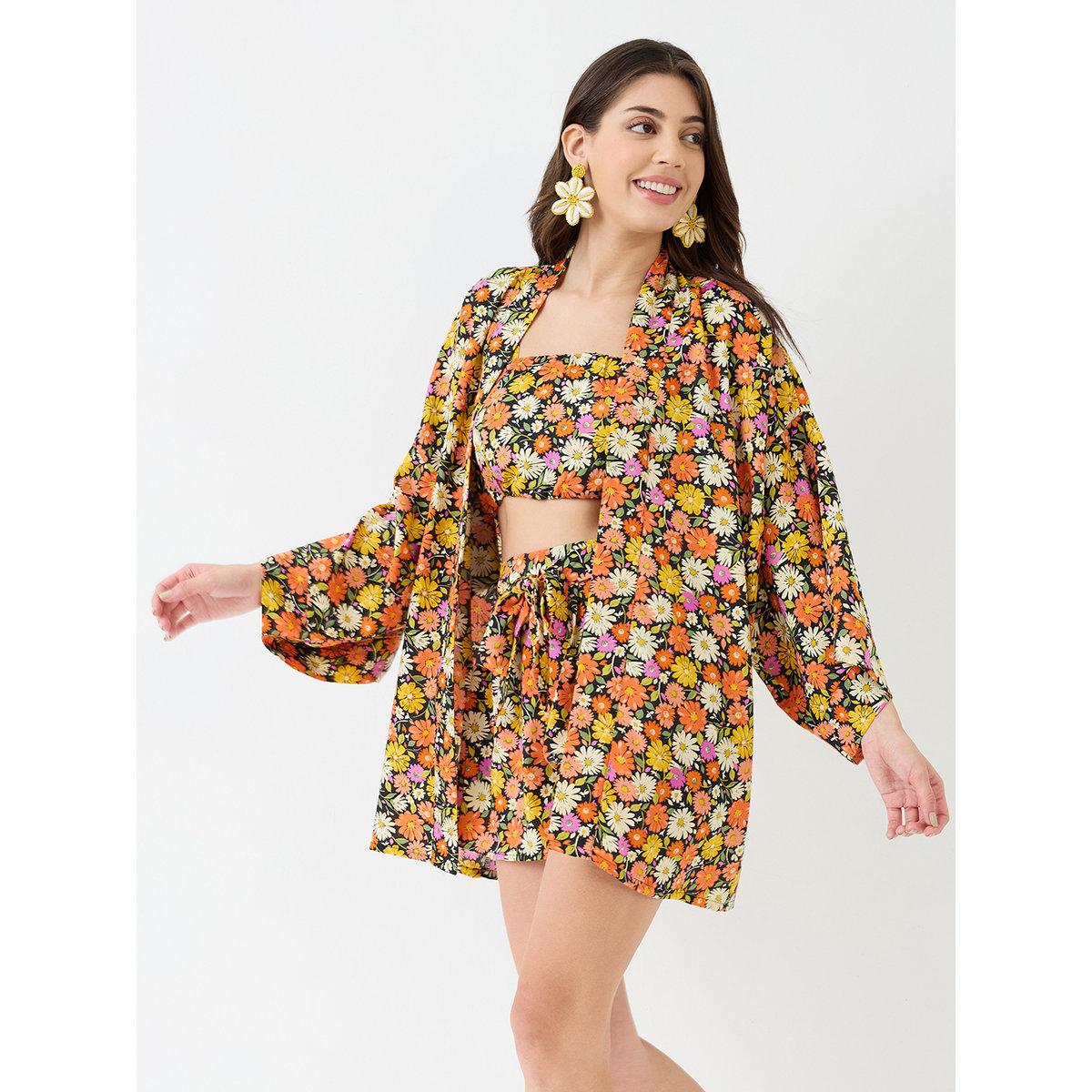 Globus X Styli Multi Floral Print Crop Top, Shorts and Shrug Co-Ords-women-clothing-coordsets-image-2