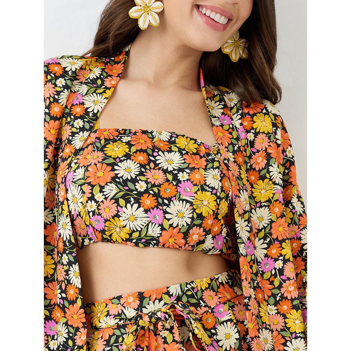 Globus X Styli Multi Floral Print Crop Top, Shorts and Shrug Co-Ords-women-clothing-coordsets-image-4