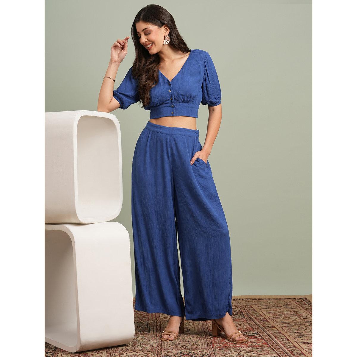 Globus X Styli Blue Button Detail Crop Top and Wide Leg Trousers Co-Ords-women-clothing-coordsets-image-1