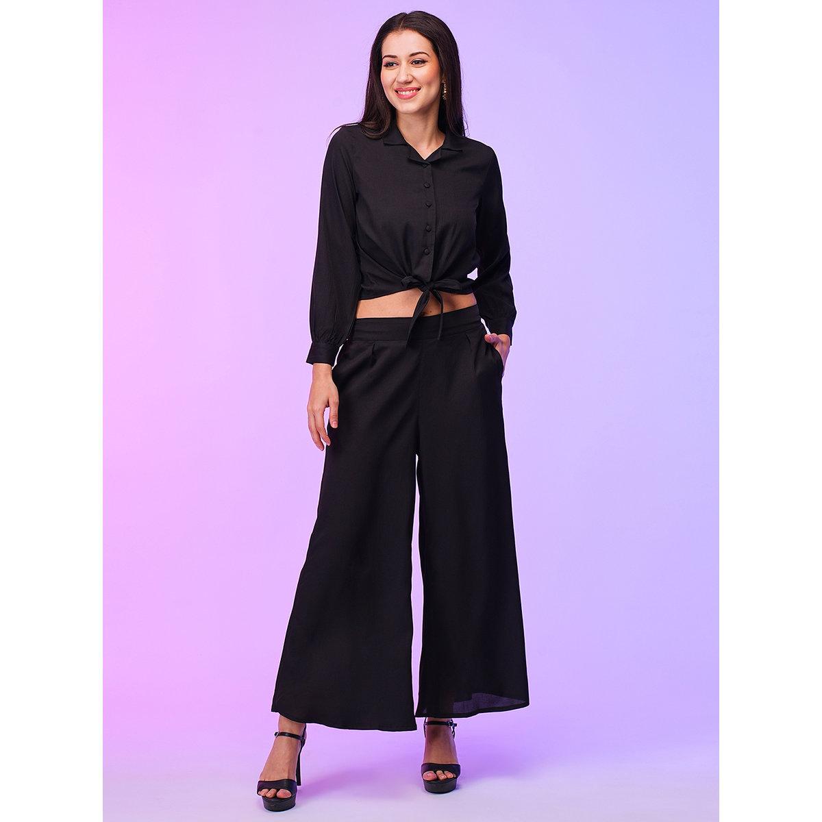 Globus X Styli Black Front Tie Up Shirt and Palazzos Co-Ords-women-clothing-coordsets-image-1