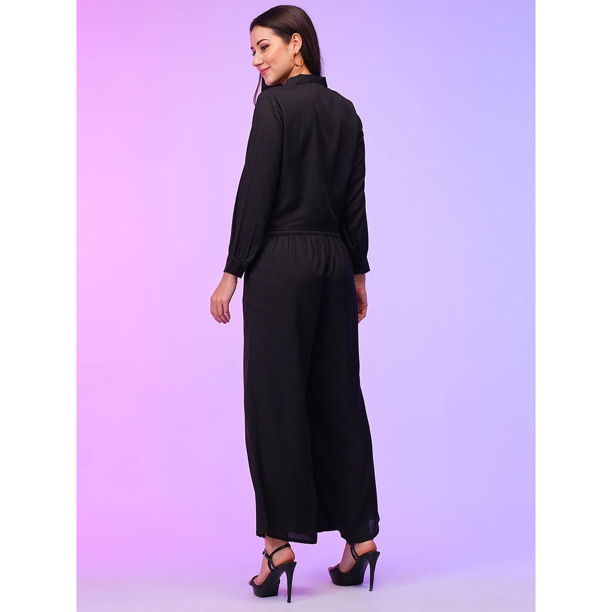 Globus X Styli Black Front Tie Up Shirt and Palazzos Co-Ords-women-clothing-coordsets-image-3