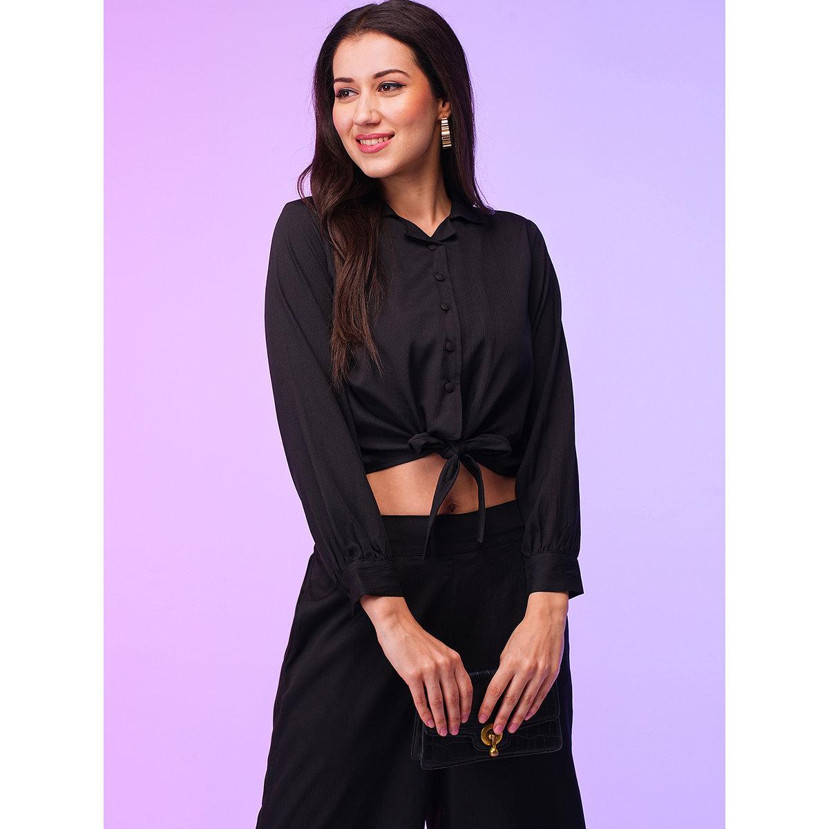 Globus X Styli Black Front Tie Up Shirt and Palazzos Co-Ords-women-clothing-coordsets-image-6