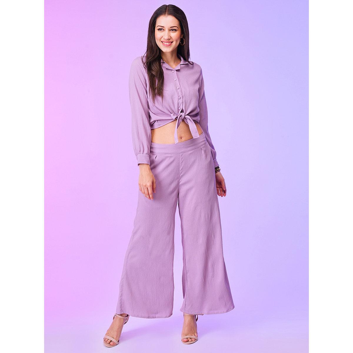 Globus X Styli Purple Front Tie Up Shirt and Palazzos Co-Ords-women-clothing-coordsets-image-1